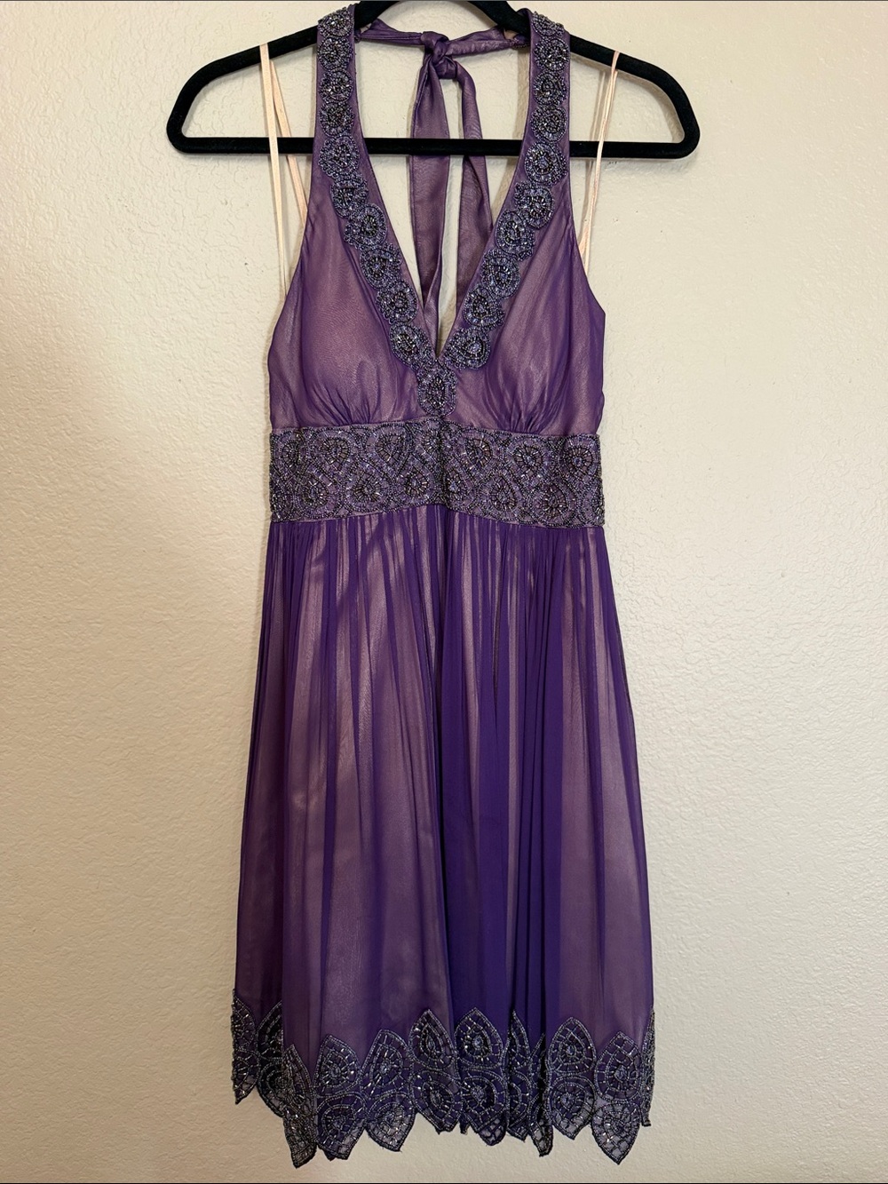 Cache Purple Beaded Halter Cocktail Dress- Size 2